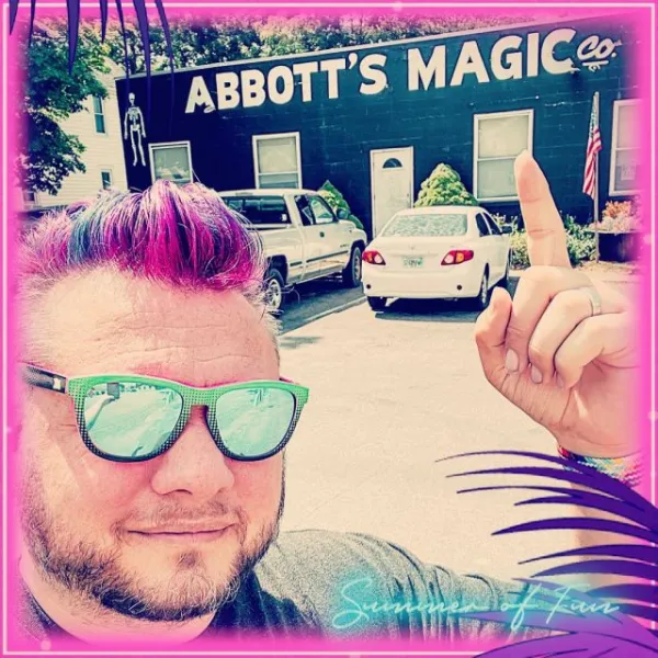 Selfie outside the Abbott's Magic Company storefront in Colon, Michigan
